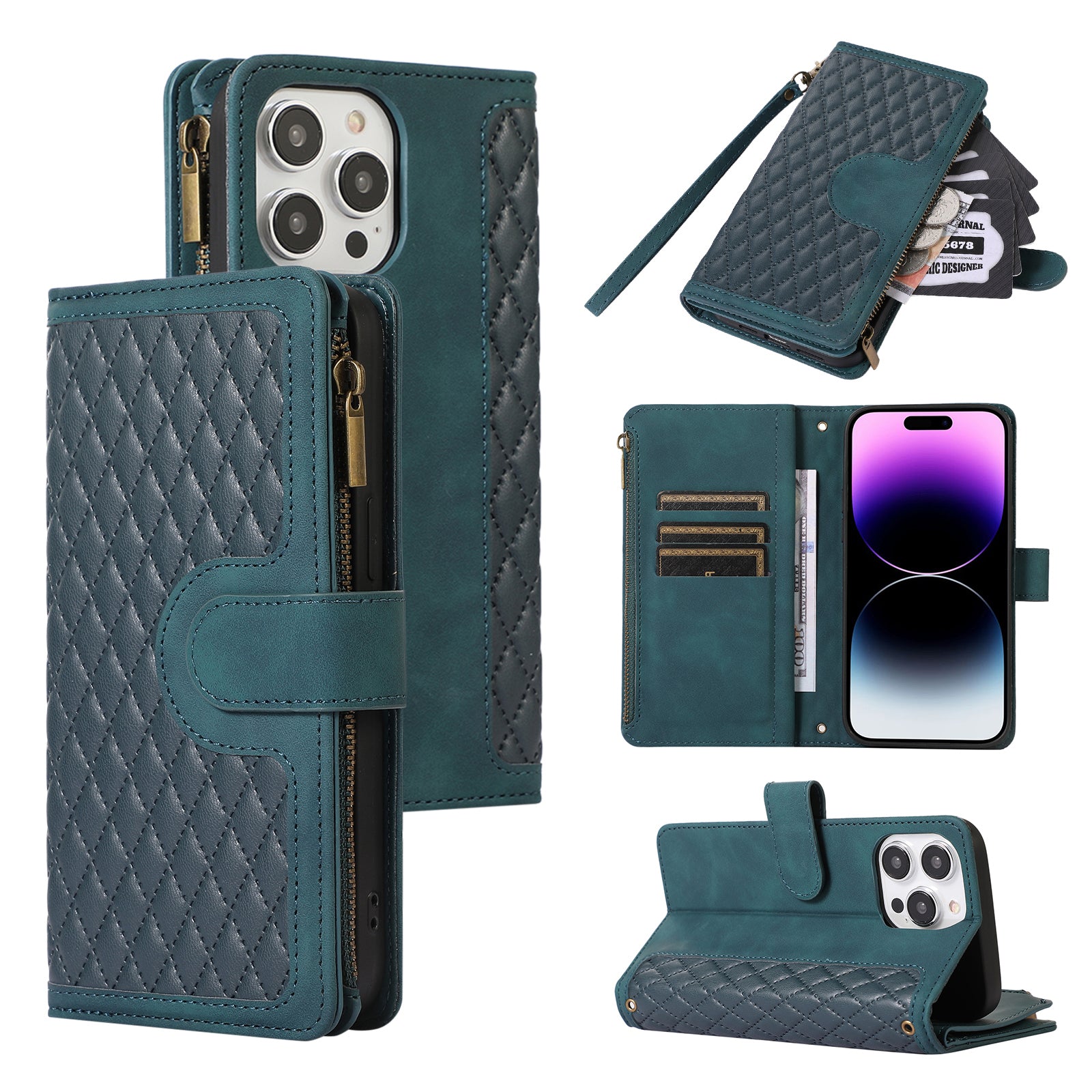 For iPhone 14 Pro Leather Wallet Stand Phone Case 9 Card Slots Zipper Pocket Rhombus Imprinted Shell For iPhone 14 Pro Leather Wallet Stand Phone Case 9 Card Slots Zipper Pocket Rhombus Imprinted Shell